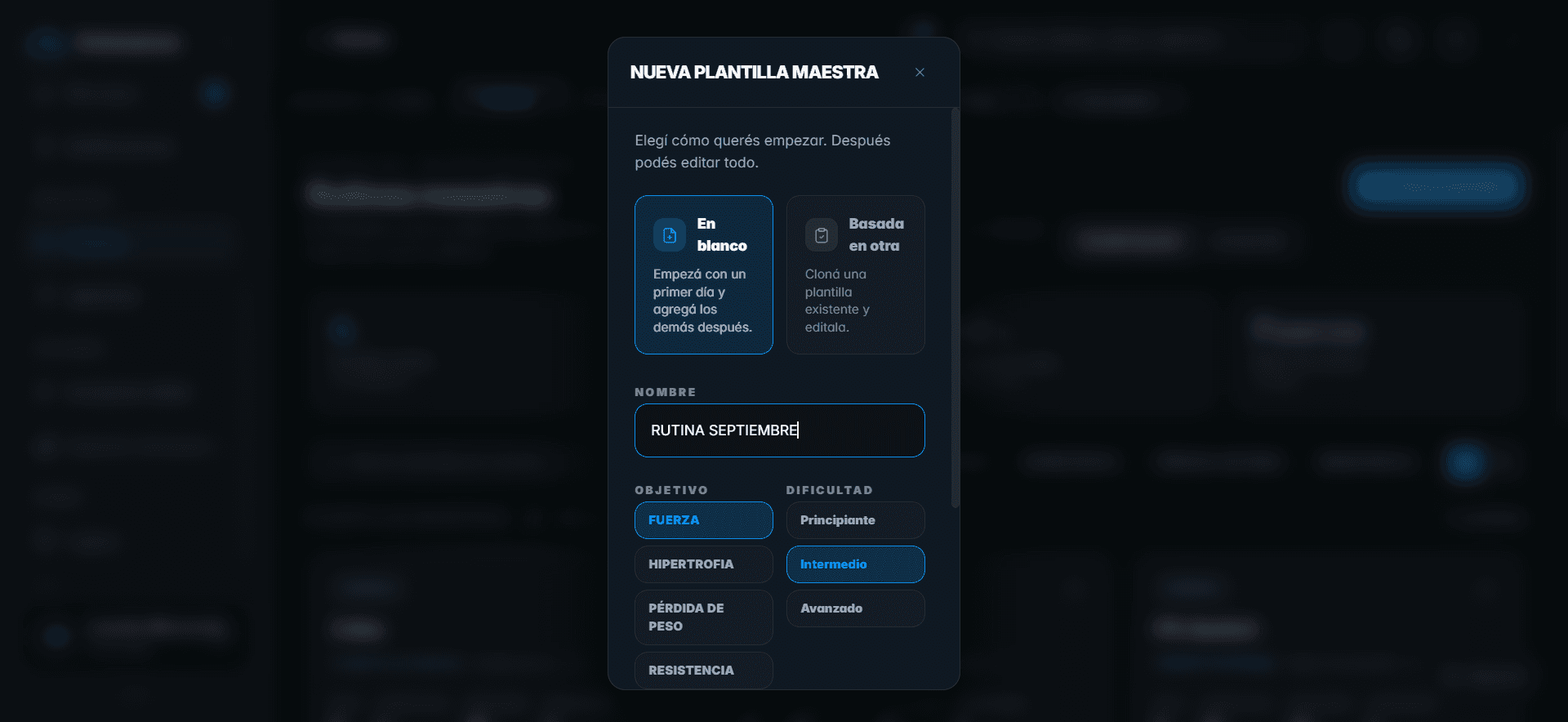 Creación de una plantilla de rutina en la plataforma web de Entrenemos